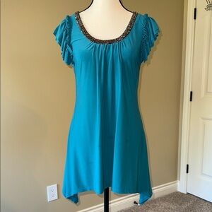 Clientele Shirt Embellished Short Flutter Sleeve Asymmetric Tunic Teal Burgundy